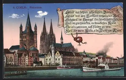 AK Köln, Stadtpanorama mit Dom u. Rheindampfer