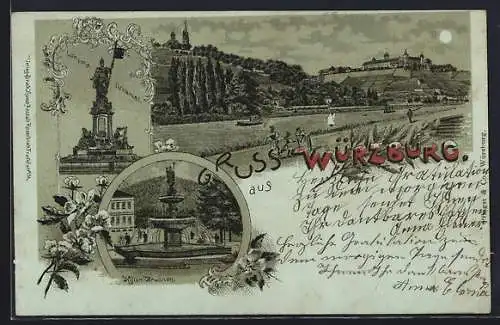 Mondschein-Lithographie Würzburg, Luitpold-Denkmal, Kilianbrunnen, Panorama