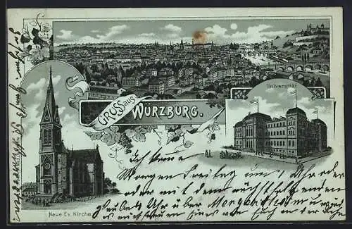 Mondschein-Lithographie Würzburg, Universität, Neue ev. Kirche, Totalansicht