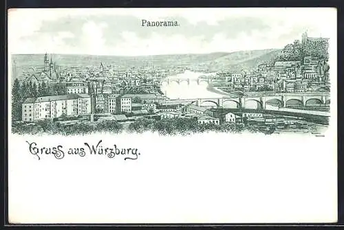 Lithographie Würzburg, Stadtpanorama mit Brücken aus der Vogelschau