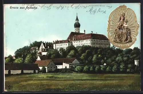 Präge-AK Andechs, Kloster und Gnadenbild