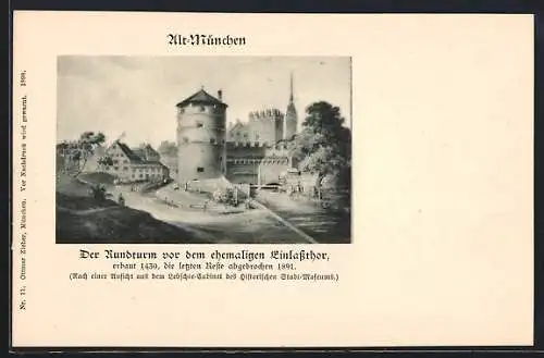 Künstler-AK Alt-München, Rundturm vor dem ehemaligen Einlasstor