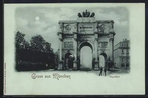 Mondschein-AK München, Siegestor mit Strassenpartie