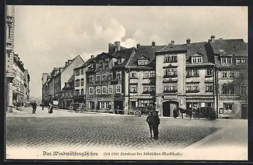 AK Leipzig, Windmühlengässchen, seit 1891 Standort der städtischen Markthalle, Restaurant zur goldenen Kutsche