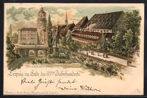 Lithographie Leipzig, Blick auf den Moritzdamm mit Peterskirche