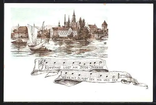 Lithographie Konstanz, Szene aus dem Hafen