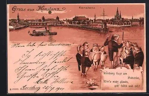 Lithographie Konstanz, musizierende Frösche mit Froschdirigenten im Bodensee