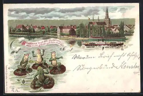 Lithographie Konstanz, Dampfer Schweiz am Seeufer, Rahmen mit Frosch