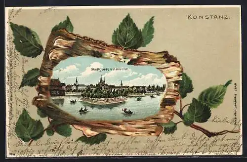 Passepartout-Lithographie Konstanz, Stadtgarten Ansicht auf einem Stück Baumrinde