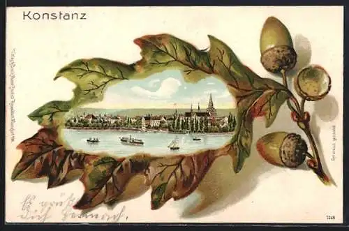 Passepartout-Lithographie Konstanz / Bodensee, Panorama im Eichenblatt