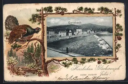 Passepartout-Lithographie Gernsbach, Partie am Wehr, Rahmen mit Auerhahn