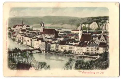 Relief-AK Wasserburg am Inn, Panorama mit Flusspartie