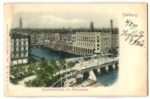 Relief-AK Hamburg, Reesendammbrücke und Alsterarkaden