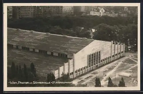 AK Wien, Flugzeugaufnahme des Prater mit Sängerhalle