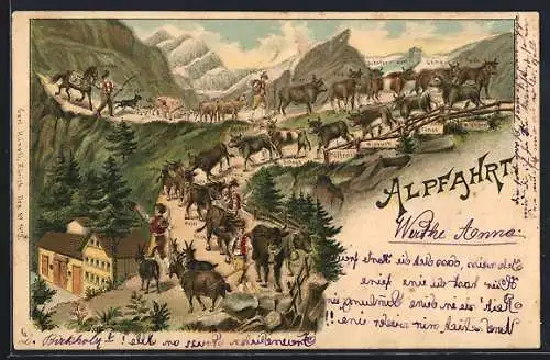 Lithographie Alpes, Personen in Trachten mit Tieren