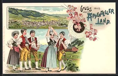 Lithographie Appenzell, Panoramablick auf die Stadt, Appenzeller in Tracht beim Tanz