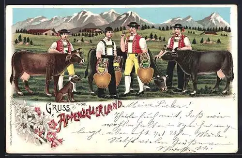 Lithographie Appenzellerland, Bauern in Trachten mit Kühen und Teilansicht