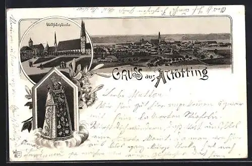 Lithographie Altötting, Wallfahrtskirche, Marienbild, Gesamtansicht