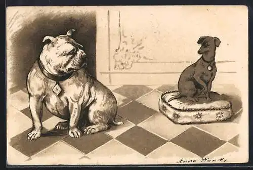 Lithographie Gedrungener kräftiger Hund und schmaler Gefährte auf einem Kissen