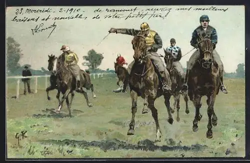 Künstler-Lithographie Pferderennen, Jockeys und Rössen