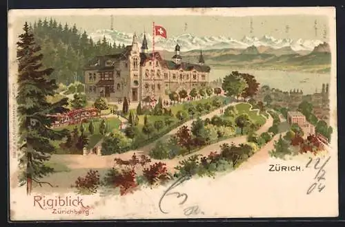 Lithographie Zürich, Hotel Rigiblick, Blick auf Zürichsee und Glärnischgruppe