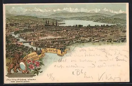 Lithographie Zürich, Blick auf die Stadt, Karte für Schreibfaule