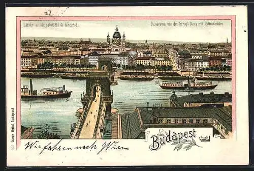 Lithographie Budapest, Panorama von der königl. Burg mit Kettenbrücke