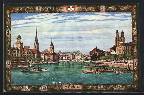 Künstler-AK Zürich, Partie am Ufer, Rahmen mit Wappen