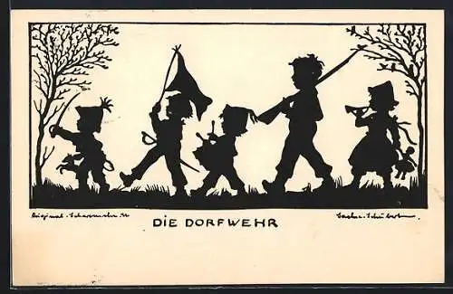 Künstler-AK M. Sachse-Schubert: Die Dorfwehr, Kinder mit Säbeln und Gewehr laufen über eine Wiese, Scherenschnitt