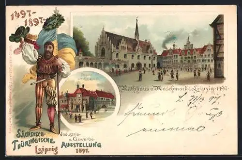 Lithographie Leipzig, Sächs.-Thüring. Industrie- & Gewerbe-Ausstellung 1897, Rathaus und Naschmarkt 1497