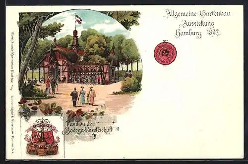 Lithographie Hamburg, Allgemeine Gartenbau-Ausstellung 1897 mit Pavillon der Bodega-Gesellschaft