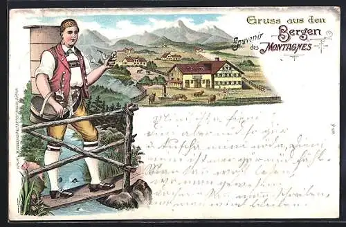 Lithographie Schweizer in Tracht auf einem Steg