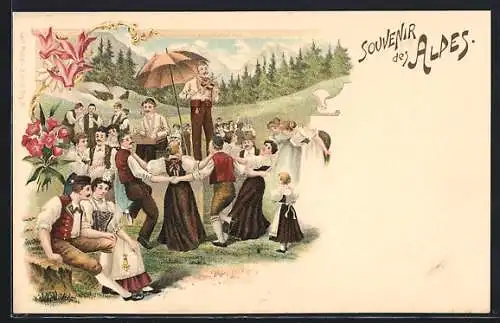 Lithographie Schweiz, Frauen und Männer in Trachten beim Tanz