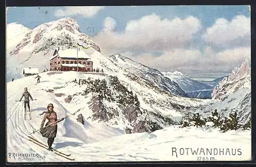 Künstler-AK Rudolf Reschreiter: Rotwandhaus, Skiläufer und Berghütte