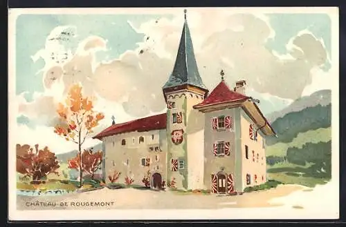 Künstler-AK Rougemont, Chateau de Rougemont, Gebäudeansicht im Herbst