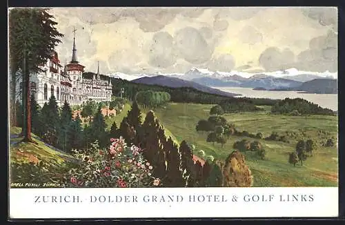 Künstler-AK Zürich, Dolder Grand Hôtel, Gesamtansicht mit Wald