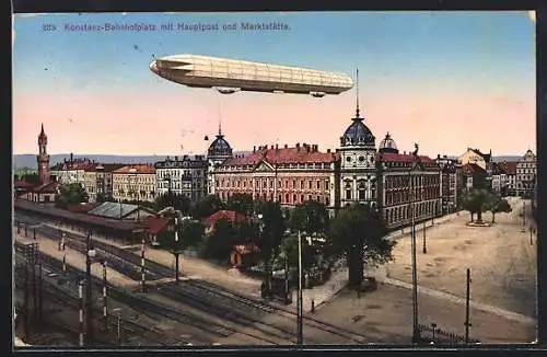 AK Konstanz, Bahnhofplatz mit Hauptpost und Marktstätte