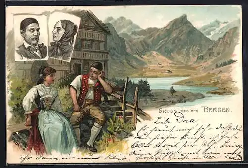 Lithographie Appenzeller Land mit Paar in Tracht