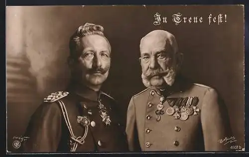 AK Zweibund, Kaiser Franz Josef I. von Österreich und Kaiser Wilhelm II. im Portrait