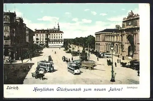 Lithographie Zürich, Bahnhofplatz mit Strassenbahn und Pferdekutschen