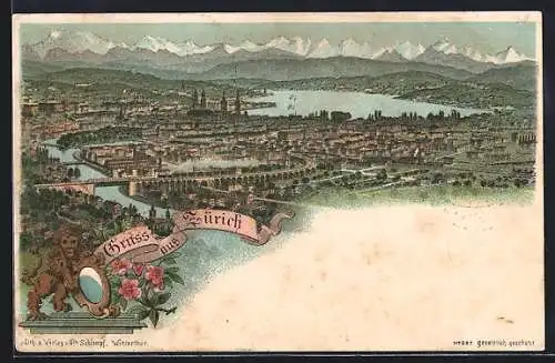 Lithographie Zürich, Panoramablick auf Stadt und Alpen