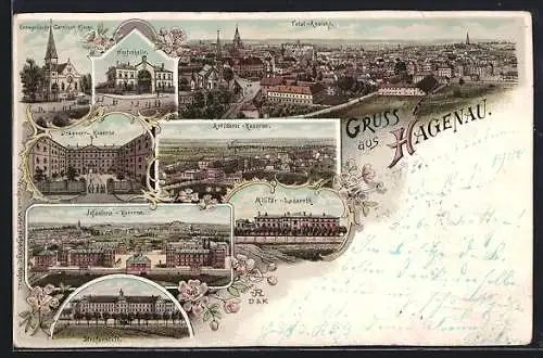 Lithographie Hagenau, Artillerie-Kaserne, Dragoner-Kaserne, Hopfenhalle