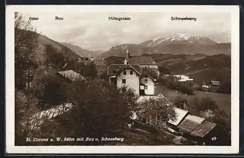 AK St. Corona, Ortsansicht mit Rax und Schneeberg