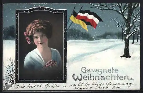 AK Zweibund Weihnachtsgruss, Fahnen Deutsches Reich und Österreich, Mädchen Portrait