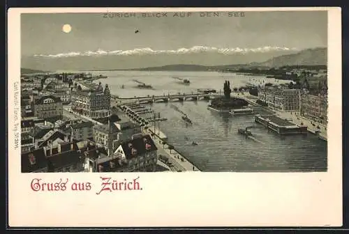 Lithographie Zürich, Blick auf den See bei Mondschein