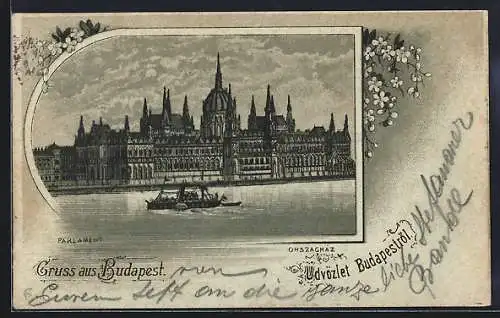 Mondschein-Lithographie Budapest, Parlament mit Boot