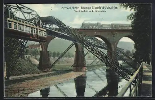 AK Barmen-Elberfeld, Eisenbahnbrücke mit Schwebebahn