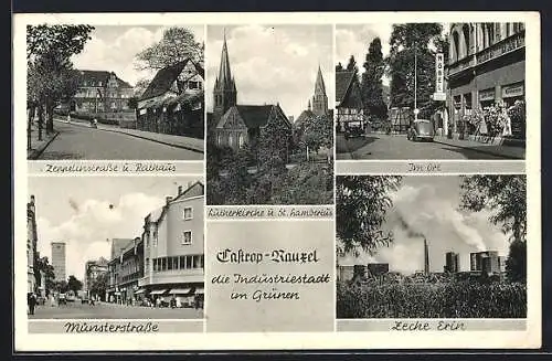 AK Castrop-Rauxel, Zeppelinstrasse und Rathaus, Im Ort, Zeche Erin, Münsterstrasse, Lutherkirche und St. Hambertus