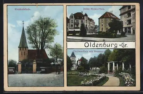 AK Oldenburg /Gr., Kirche und Kirchhofslinde, Julius-Mosen-Platz, Cäcilien-Platz mit Brunnen