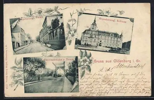 AK Oldenburg / Old., Grossherzogl. Palais & Schloss, Cäcilienbrücke & Damm